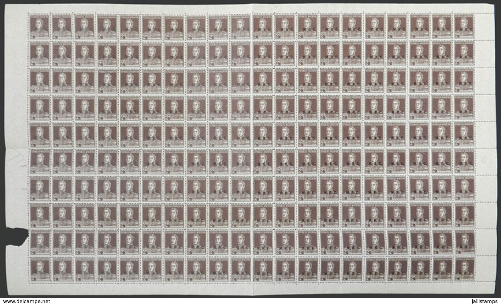 ARGENTINA: GJ.602, 1925 2c. San Martín W/o Period With M.R.C. Overprint, Complete Sheet Of 200 Stamps, Including Several - Dienstzegels