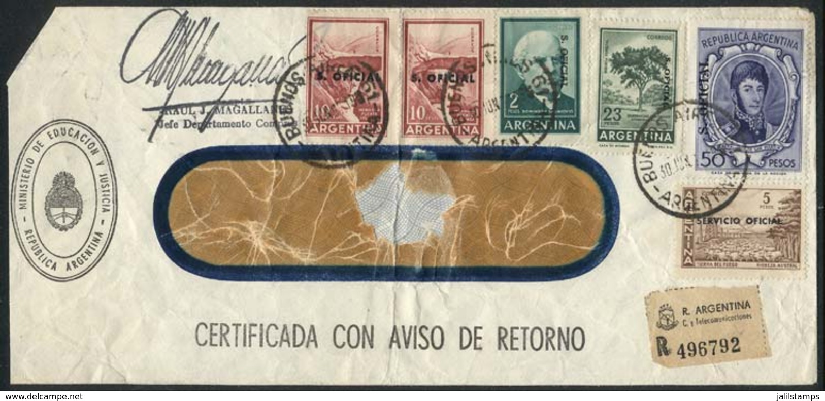 ARGENTINA: GJ.775, 50P. San Martín + Other Values (total Postage 100P.) Franking A Registered Cover With AR, Fantastic A - Officials