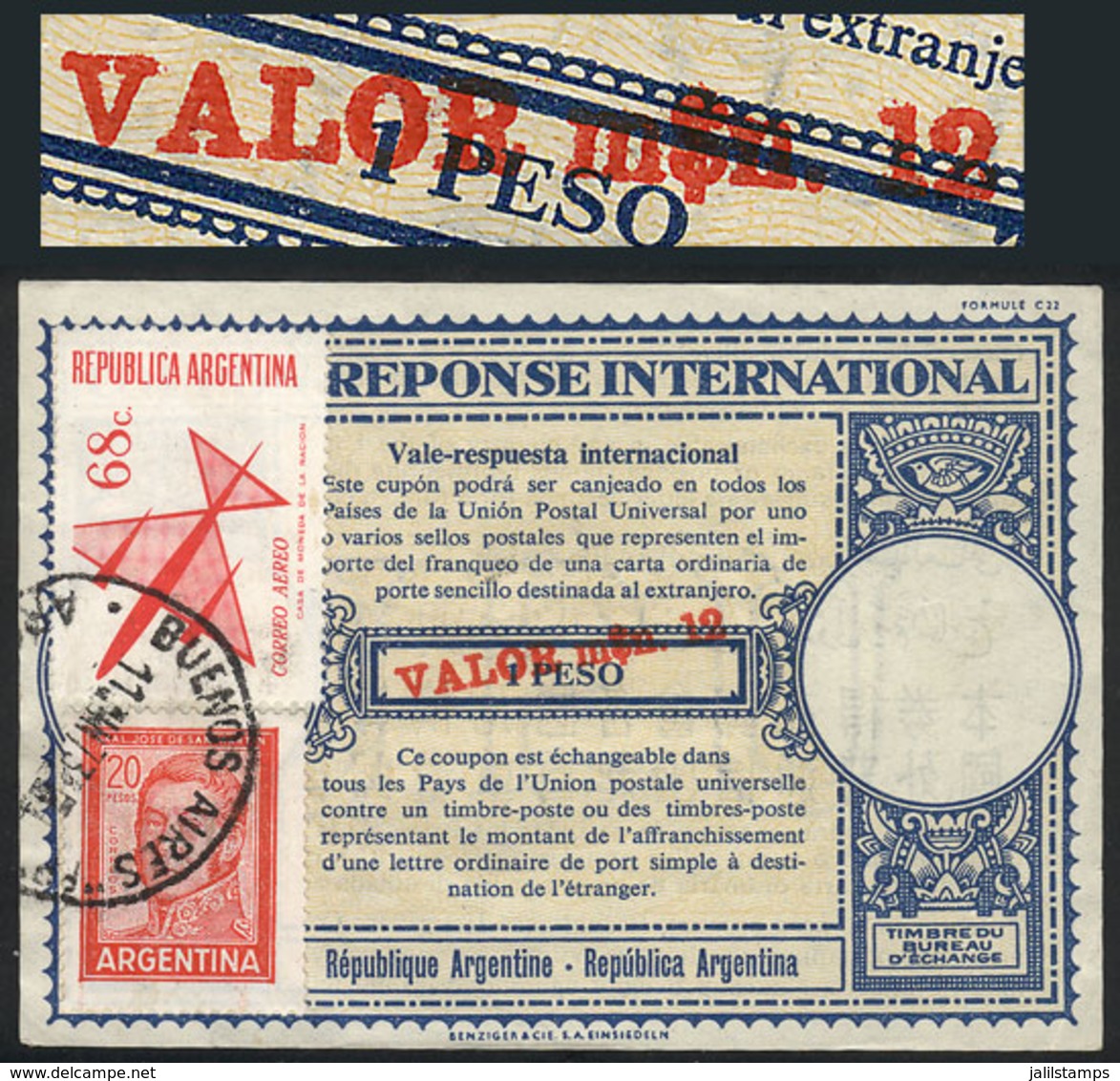 ARGENTINA: IRC (cancelled 11/JUN/1973) With An Original Value Of 1 PESO Surcharged In Red VALOR M$n 12 IN THICK LETTERS, - Sonstige & Ohne Zuordnung