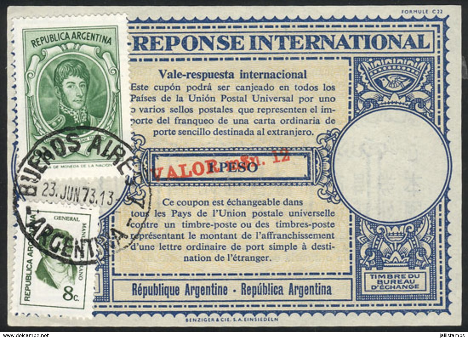 ARGENTINA: IRC (cancelled 23/JUN/1973) With An Original Value Of 1 PESO Surcharged In Red VALOR M$n 12, Also With Additi - Sonstige & Ohne Zuordnung