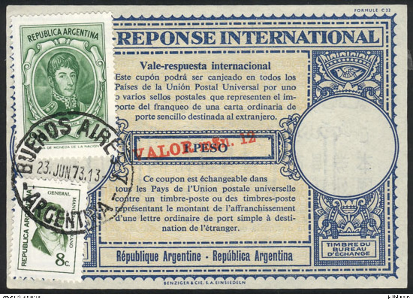 ARGENTINA: IRC (cancelled 23/JUN/1973) With An Original Value Of 1 PESO Surcharged In Red VALOR M$n 12, Also With Additi - Autres & Non Classés