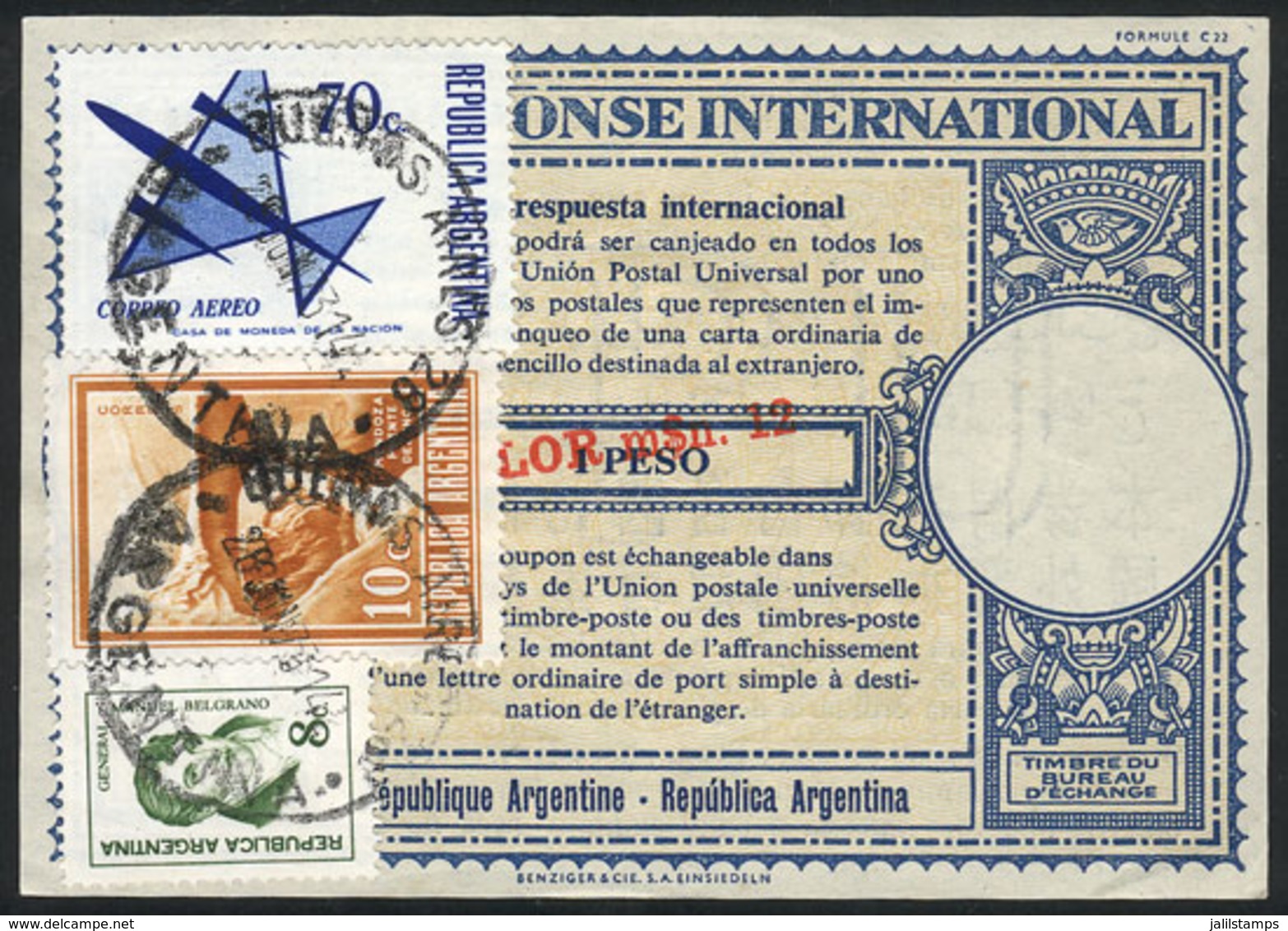 ARGENTINA: IRC (cancelled 28/JUN/1973) With An Original Value Of 1 PESO Surcharged In Red VALOR M$n 12 IN THICK LETTERS, - Other & Unclassified