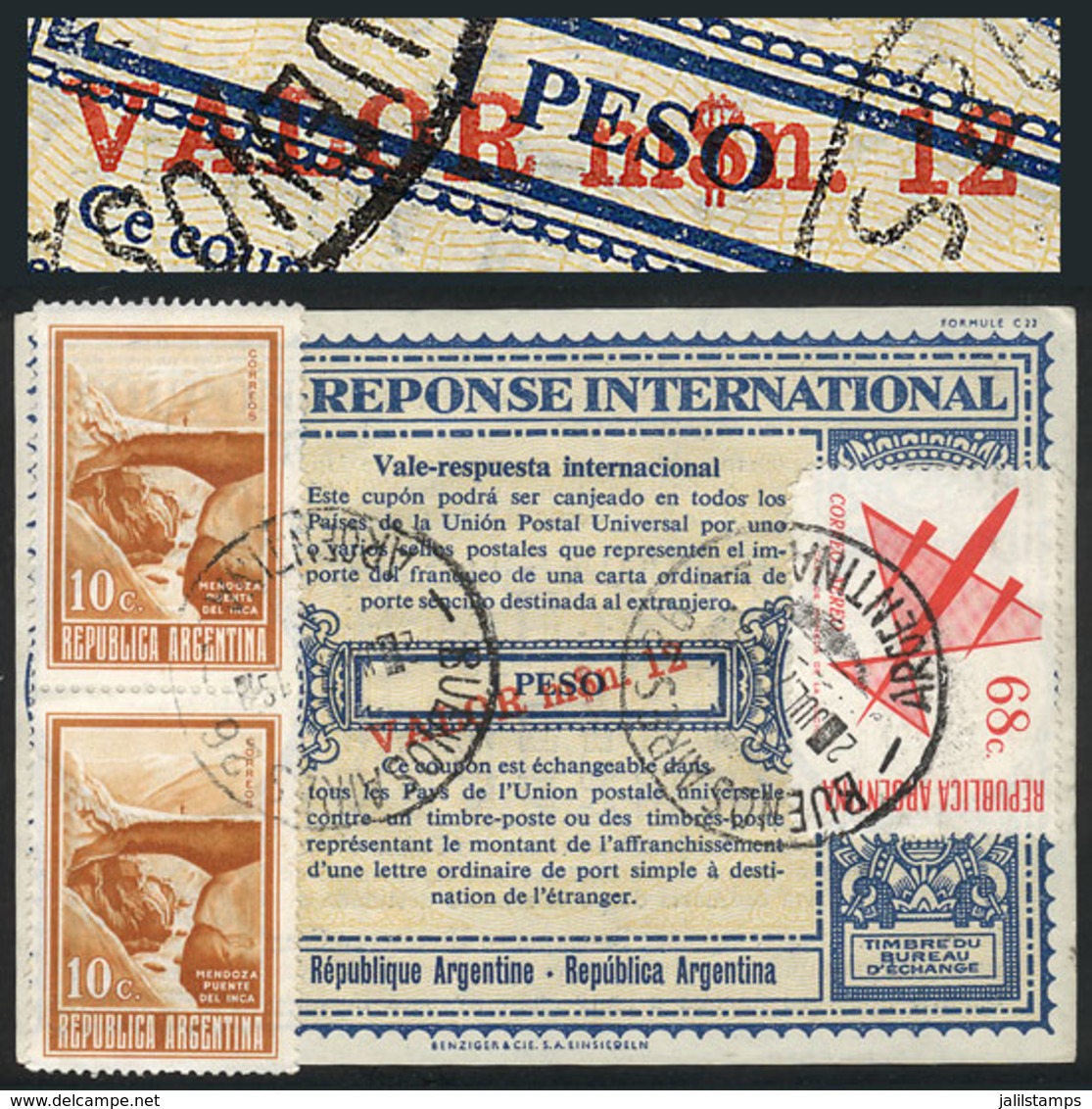 ARGENTINA: IRC (cancelled 2/JUL/1973) With An Original Value Of 1 PESO Surcharged In Red VALOR M$n 12 IN THICK LETTERS,  - Other & Unclassified