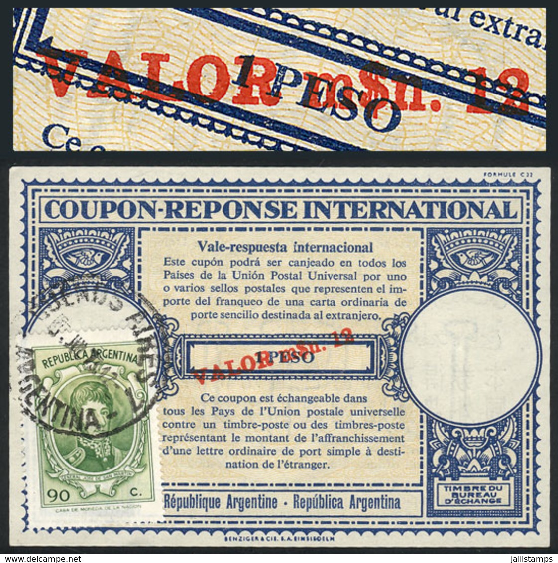 ARGENTINA: IRC (cancelled 7/JUL/1973) With An Original Value Of 1 PESO Surcharged In Red VALOR M$n 12 IN THICK LETTERS,  - Other & Unclassified