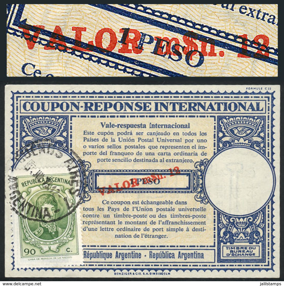 ARGENTINA: IRC (cancelled 7/JUL/1973) With An Original Value Of 1 PESO Surcharged In Red VALOR M$n 12 IN THICK LETTERS,  - Autres & Non Classés
