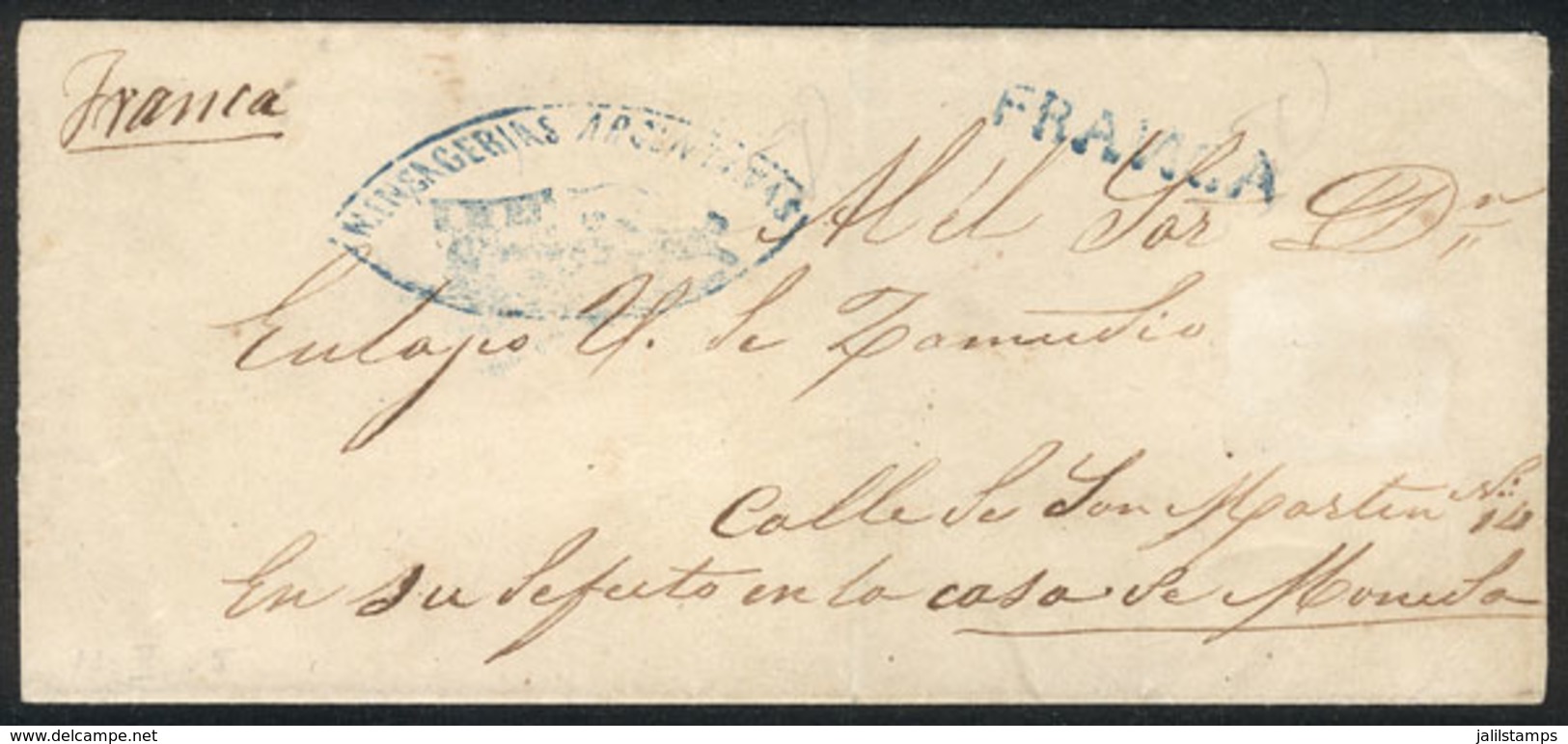 ARGENTINA: Cover Sent From Monte To Buenos Aires On 13/OC/1855, With Double Ogive MENSAJERIAS ARGENTINAS Marking Illustr - Other & Unclassified