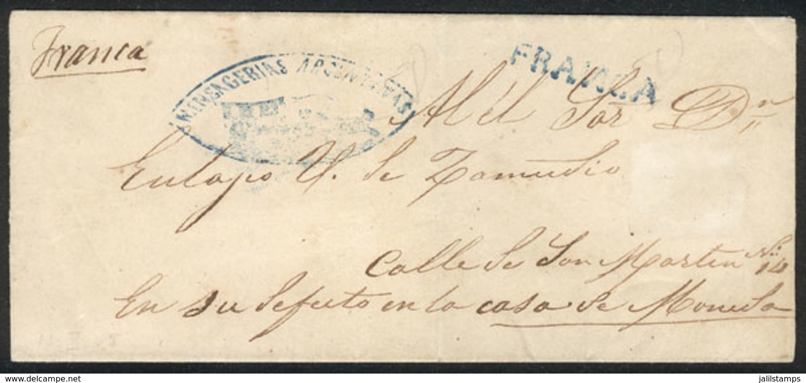 ARGENTINA: Cover Sent From Monte To Buenos Aires On 13/OC/1855, With Double Ogive MENSAJERIAS ARGENTINAS Marking Illustr - Autres & Non Classés
