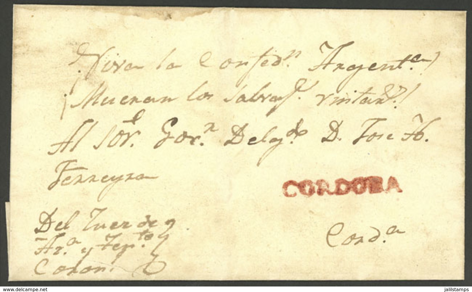 ARGENTINA: Folded Cover Used In 1850s (genuine), With A FORGED Straightline Pre-stamp Mark CORDOBA, Produced By Abarca I - Sonstige & Ohne Zuordnung