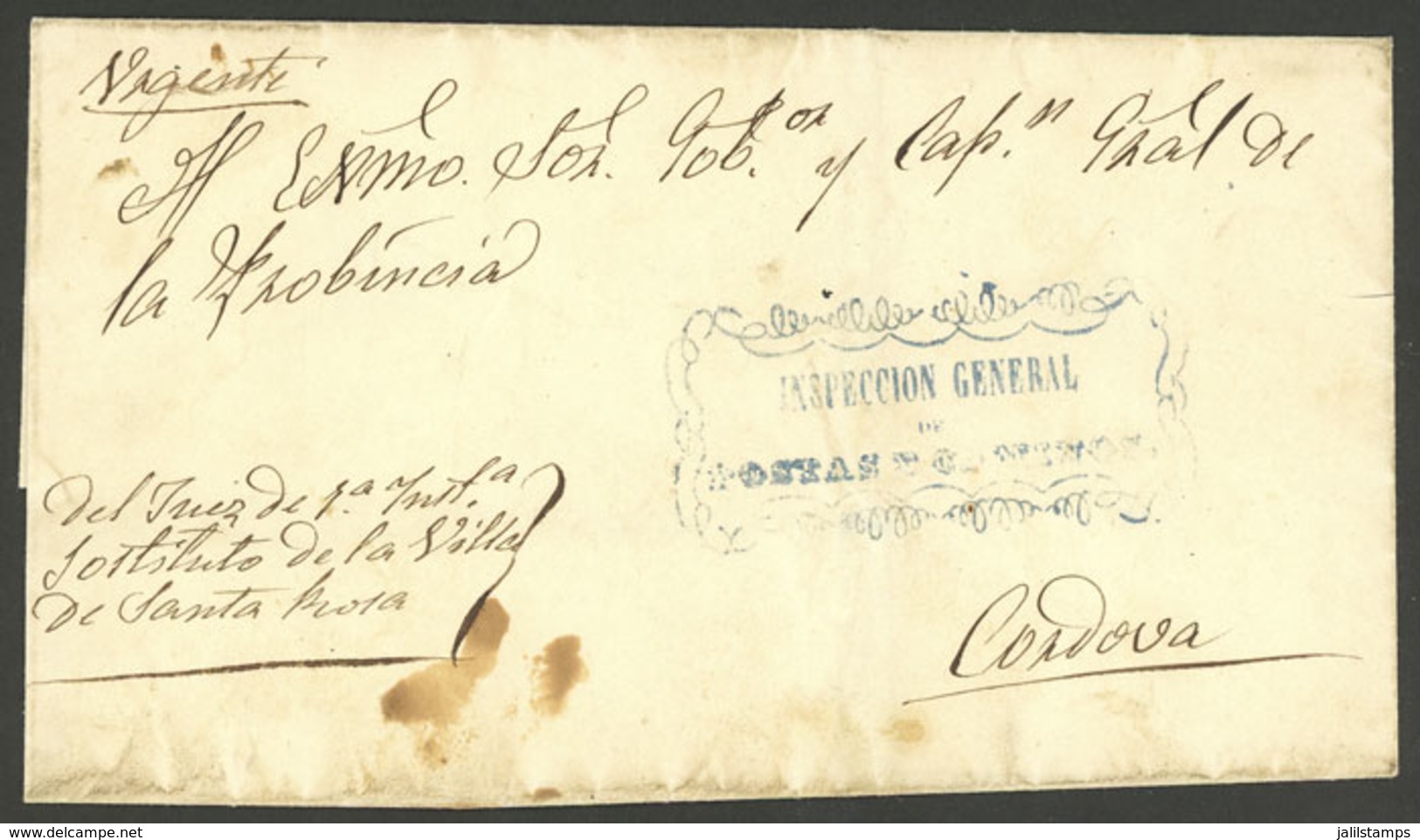 ARGENTINA: Folded Cover Used In 1860s (genuine), With A FORGED Pre-stamp Mark INSPECCIÓN GENERAL DE POSTAS Y CAMINOS In  - Sonstige & Ohne Zuordnung