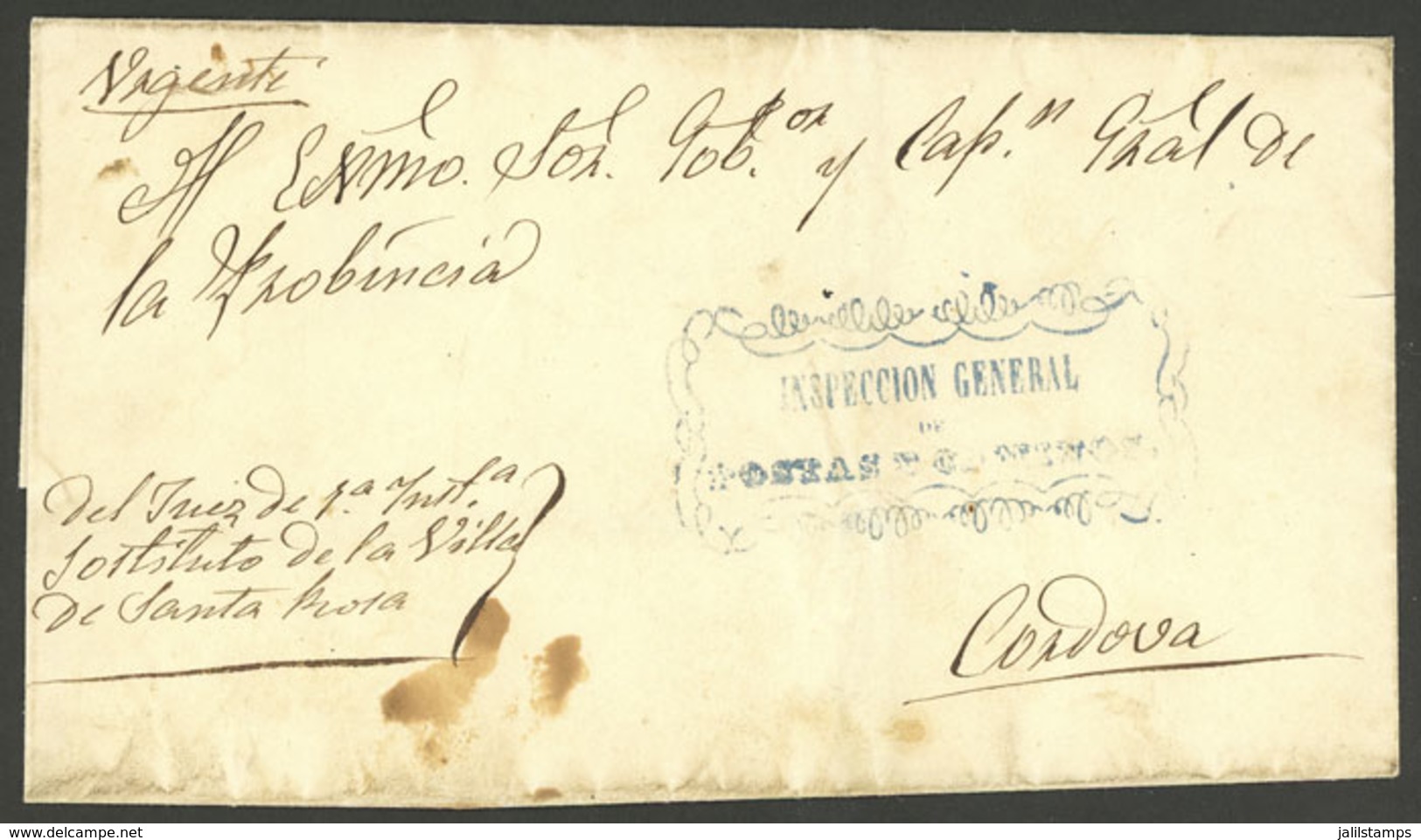 ARGENTINA: Folded Cover Used In 1860s (genuine), With A FORGED Pre-stamp Mark INSPECCIÓN GENERAL DE POSTAS Y CAMINOS In  - Autres & Non Classés