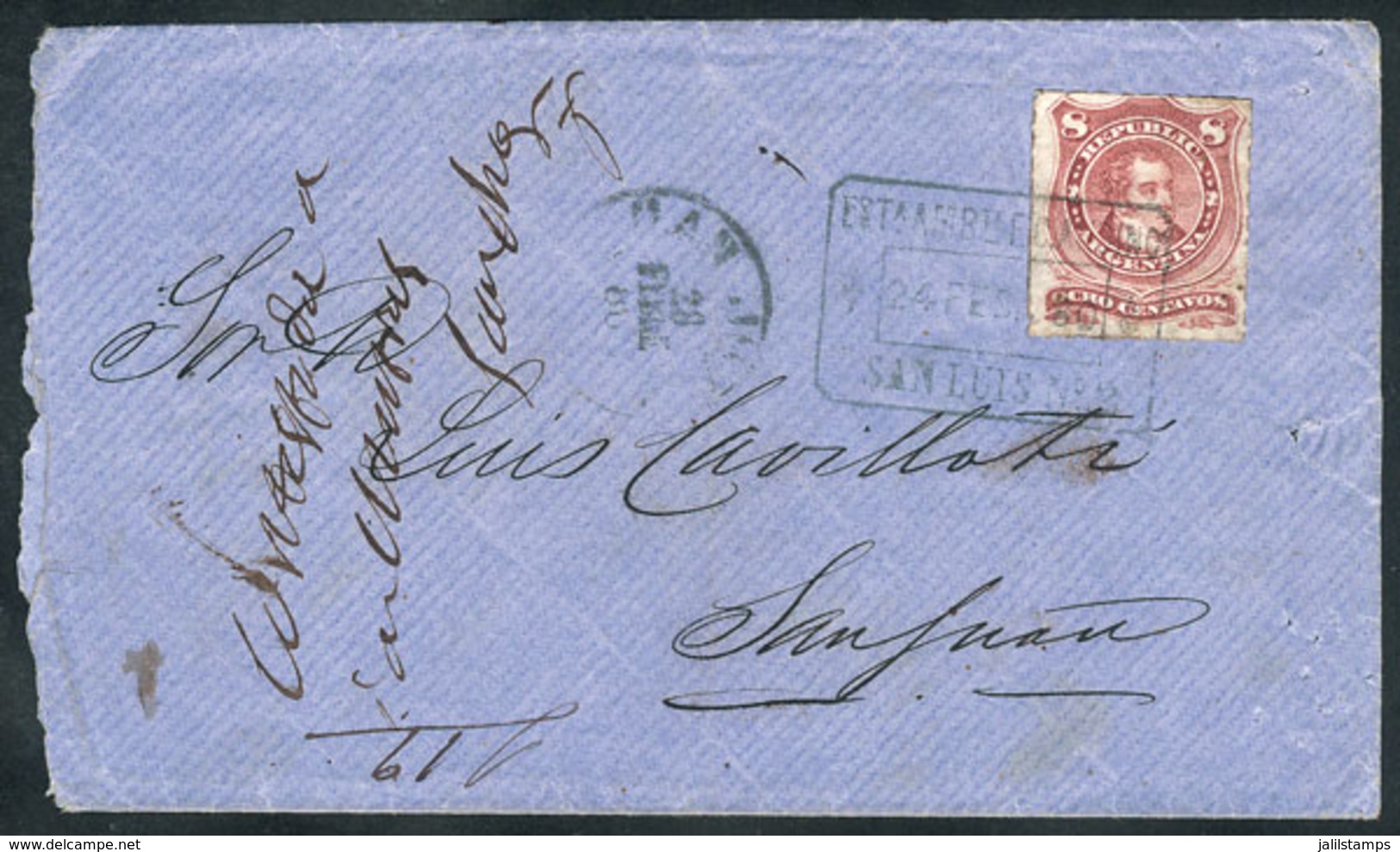 ARGENTINA: Cover Franked With 8c. (GJ.49) With The Rare Cancel ESTAFETA AMBULANTE F. C. ANDINO - SAN LUIS Nº2 - 24/FEB/1 - Autres & Non Classés