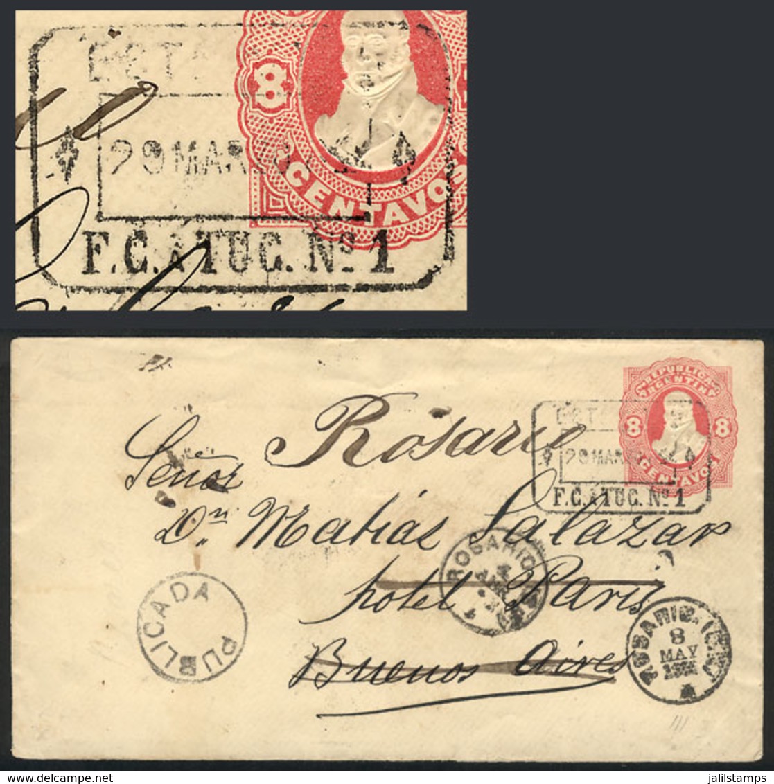 ARGENTINA: 8c. Stationery Envelope Sent To Buenos Aires On 20/MAR/1882, Cancelled ESTAFETA AMBULANTE F.C. A TUCUMAN Nº1, - Sonstige & Ohne Zuordnung