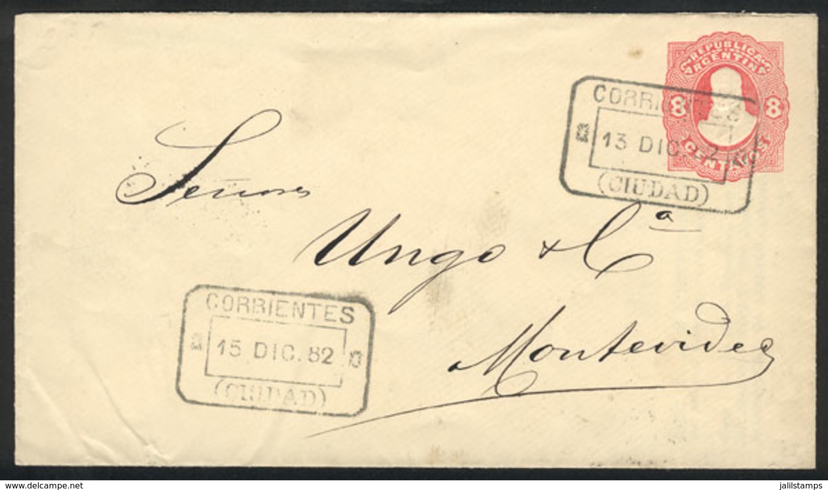 ARGENTINA: 8c. Stationery Envelope Sent To Montevideo On 15/DE/1882, With 2 Spectacular Cancels Of CORRIENTES, On Back T - Other & Unclassified