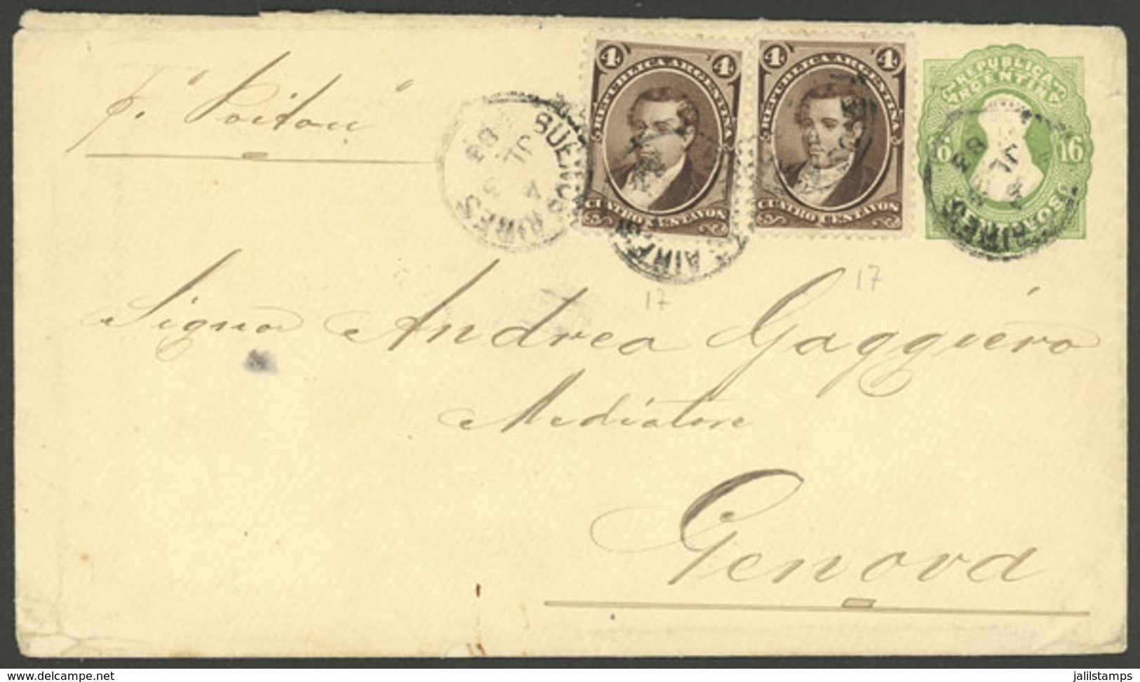 ARGENTINA: 4/JUL/1883 Buenos Aires - Italy, 16c. Stationery Envelope + 2x 4c. Moreno (total Postage 24c.), With Genova A - Autres & Non Classés