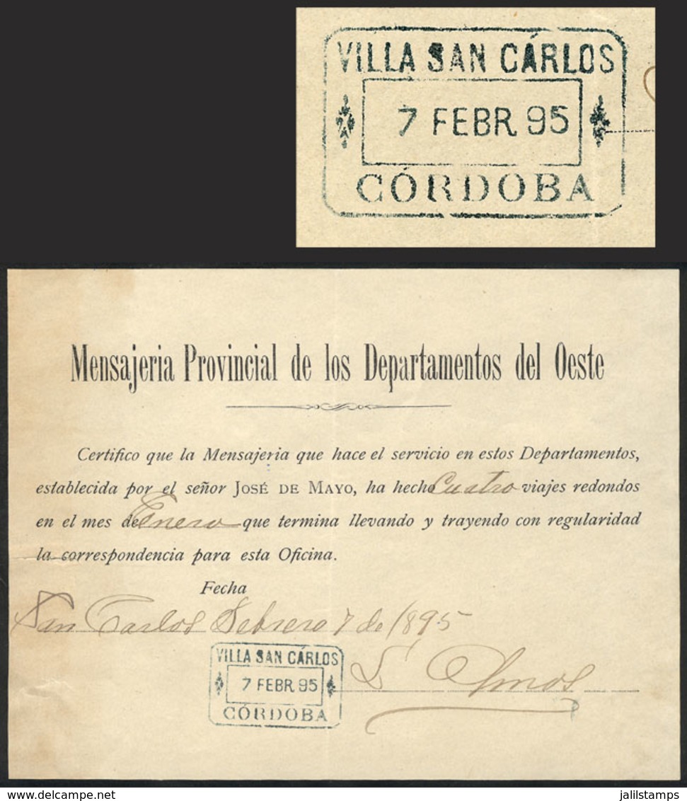 ARGENTINA: Receipt Of Stagecoach Mail 'Mensajería Provincial De Los Departamentos Del Oeste De La Provincia De Córdoba', - Sonstige & Ohne Zuordnung