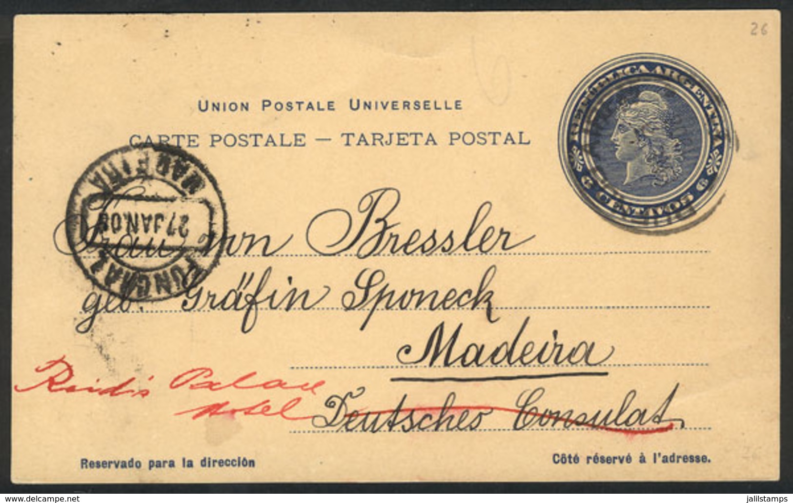 ARGENTINA: RARE DESTINATION: 6c. Liberty Postal Card Sent From Buenos Aires To MADEIRA On 3/JA/1908, With Arrival Mark O - Autres & Non Classés