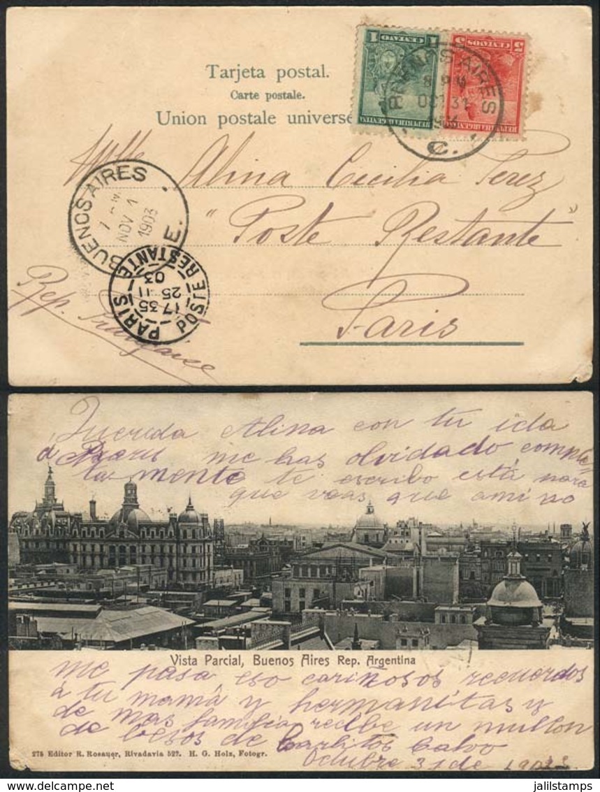 ARGENTINA: Postcard With Partial View Of Buenos Aires, Sent To France On 31/OC/1903 Franked With 6c., VF Quality! - Autres & Non Classés