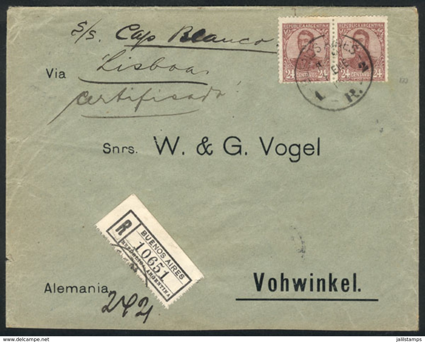 ARGENTINA: Registered Cover Sent From Buenos Aires To Germany On 2/JA/1913 Franked With 48c. (pair Of 24c. San Martin In - Other & Unclassified