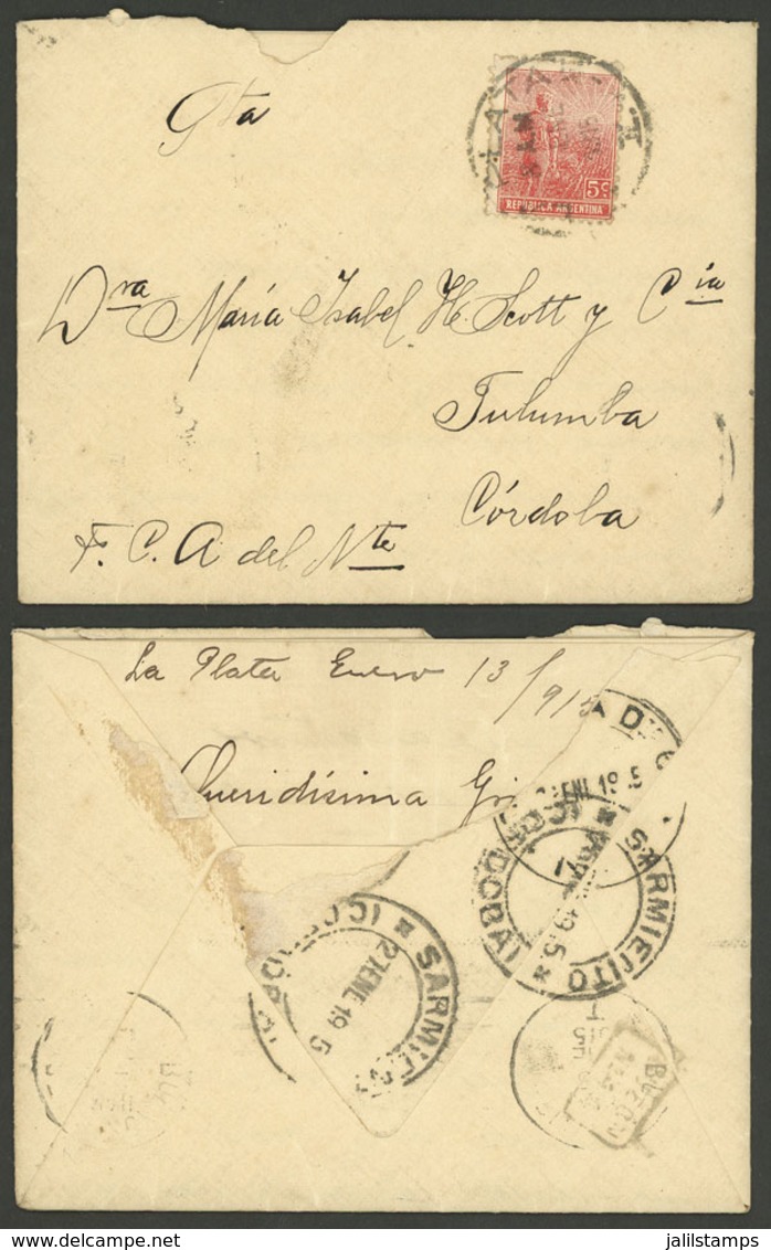 ARGENTINA: Cover Sent From La Plata To Tulumba (Córdoba) In JA/1919, On Back It Bears A Rare Transit Mark Of SARMIENTO ( - Autres & Non Classés