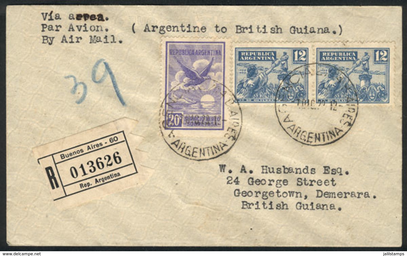 ARGENTINA: 7/DE/1929 Buenos Aires - BRITISH GUIANA: Registered Airmail Cover, Franked With 44c. (including GJ.659 X2), W - Sonstige & Ohne Zuordnung