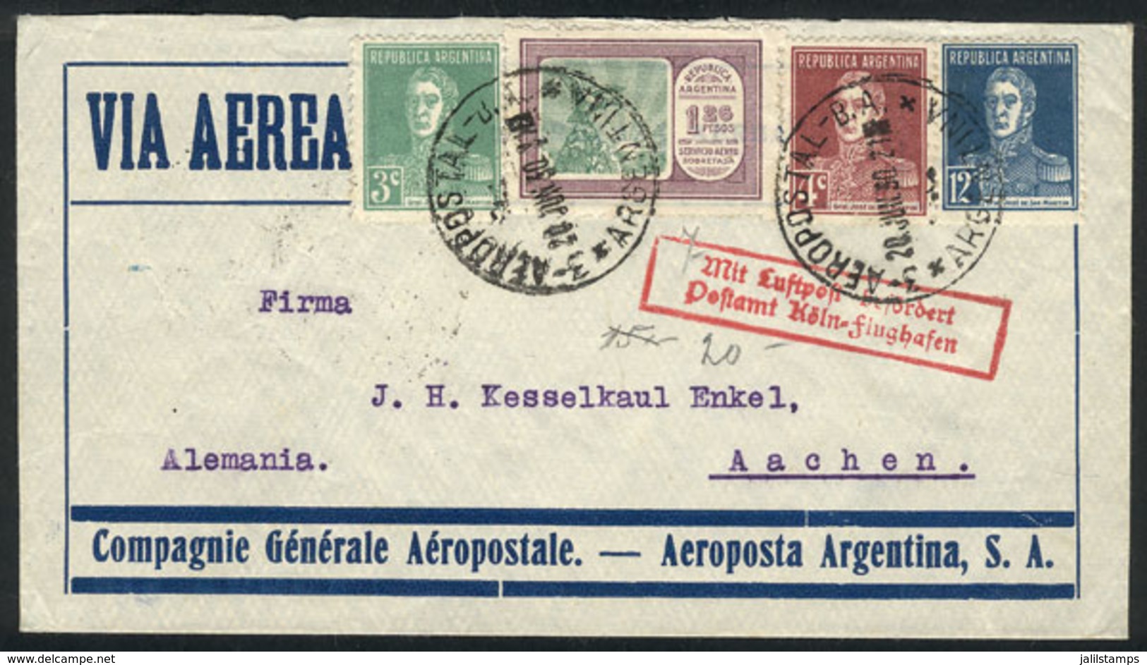 ARGENTINA: 20/JUN/1930 Buenos Aires - Germany, By C.G.A.: Airmail Cover Franked With 1.45P. (GJ.652 + Other Values), Wit - Andere & Zonder Classificatie