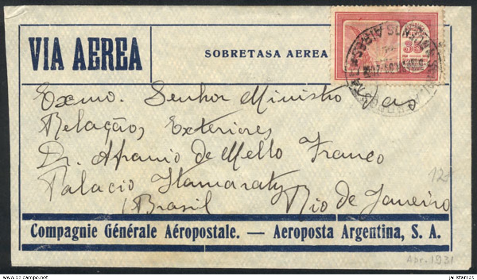 ARGENTINA: 3/AP/1931 Buenos Aires - Rio De Janeiro: Airmail Cover Sent By Aeroposta Argentina - CGA With Arrival Backsta - Sonstige & Ohne Zuordnung