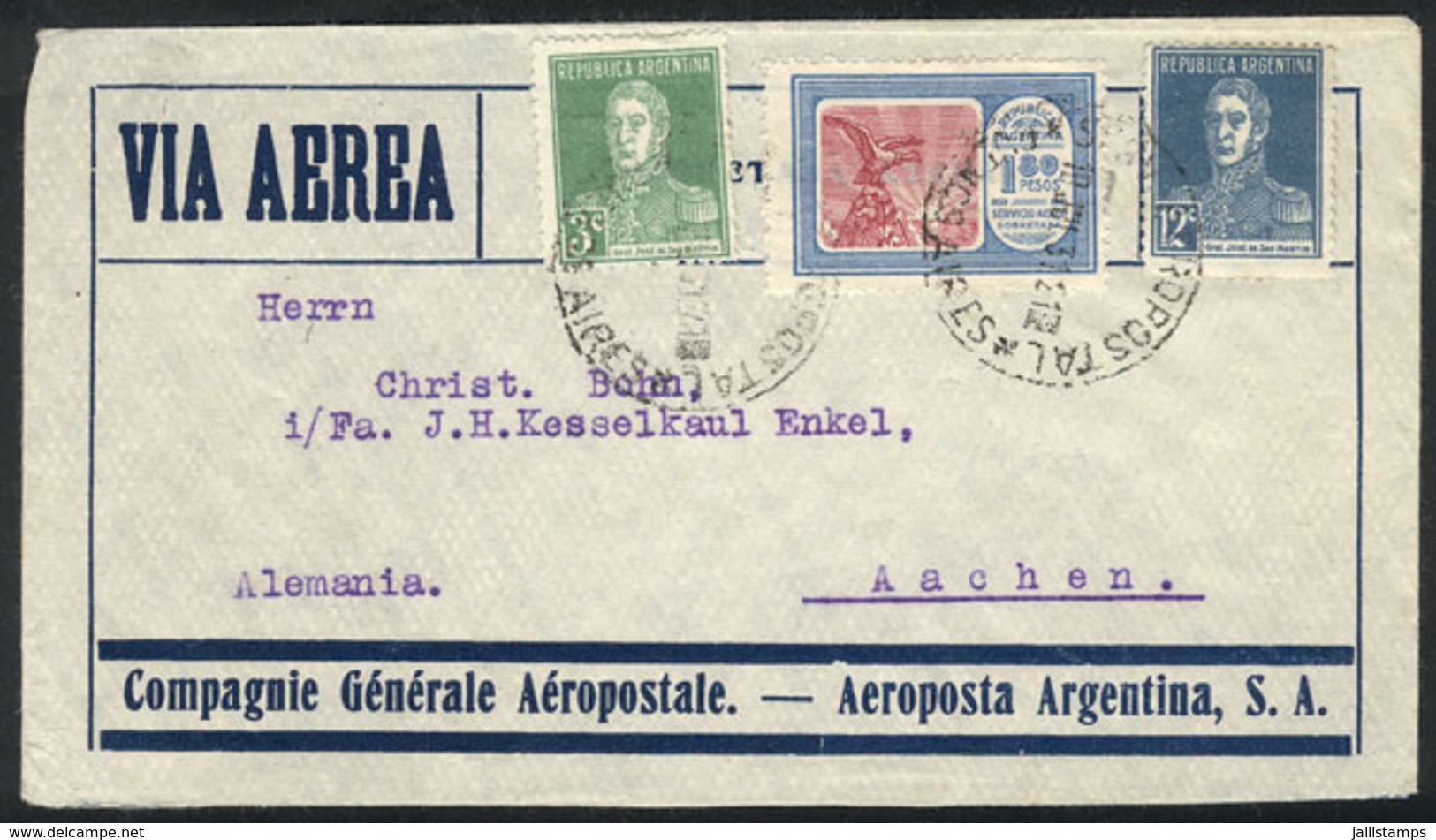 ARGENTINA: 10/JUL/1931 Buenos Aires - Germany: Airmail Cover Franked By GJ.653 (1.80P. Of The First Airmail Issue) + Oth - Altri & Non Classificati