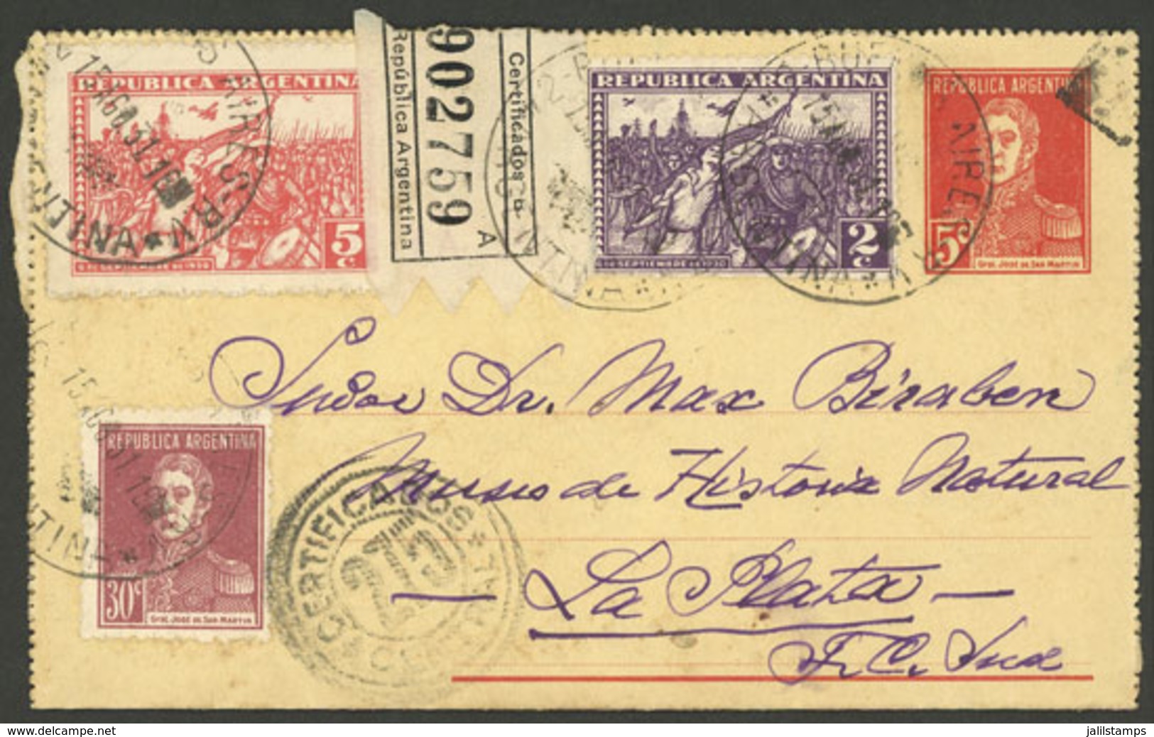 ARGENTINA: 5c. San Martín Lettercard With Nice Additional Postage (total 42c.), Sent By Registered Mail From Buenos Aire - Sonstige & Ohne Zuordnung