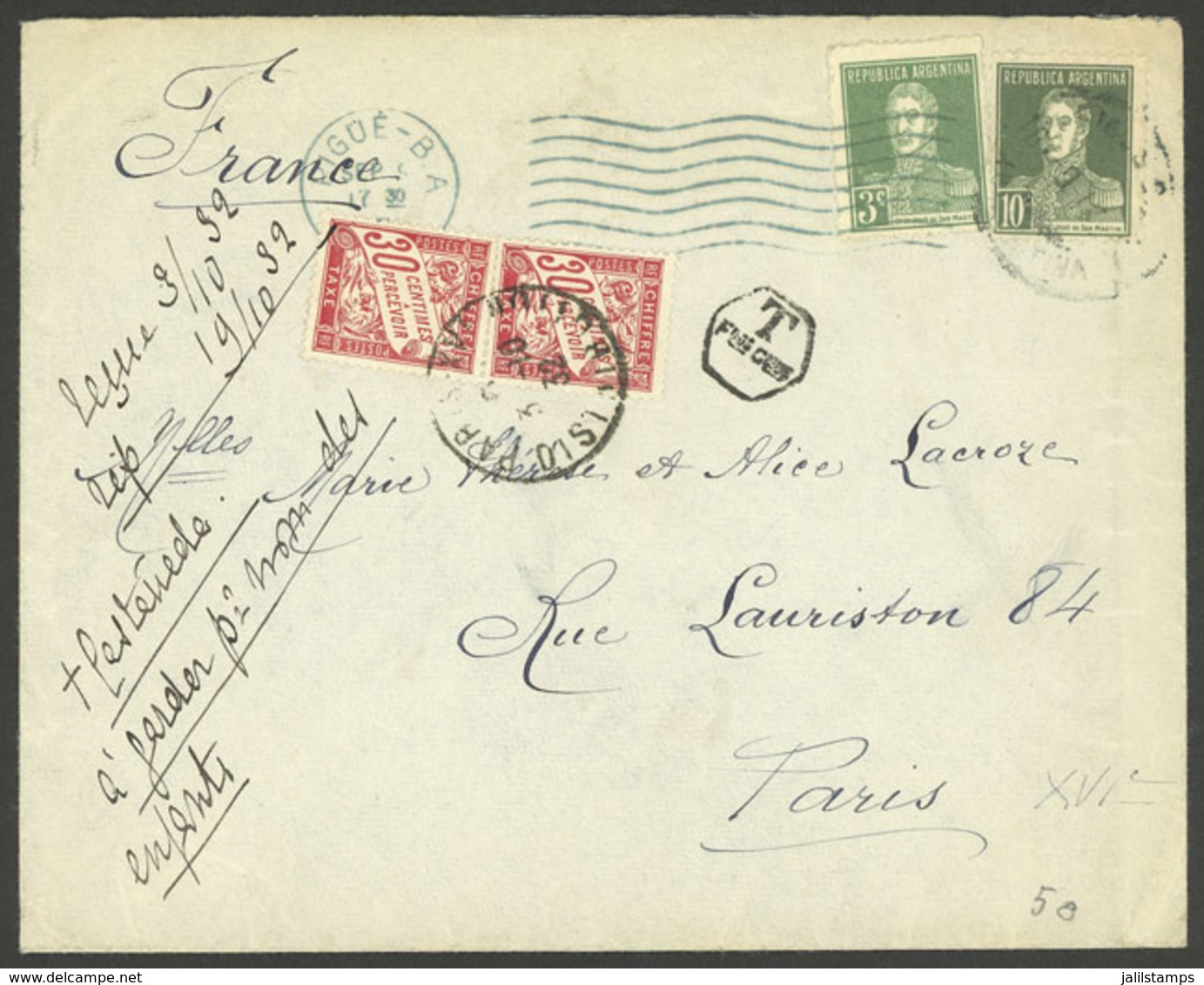 ARGENTINA: MIXED POSTAGE: Cover Sent From Pigüé To Paris On 9/SE/1932 Franked With 13c., With French Postage DUE STAMPS  - Autres & Non Classés