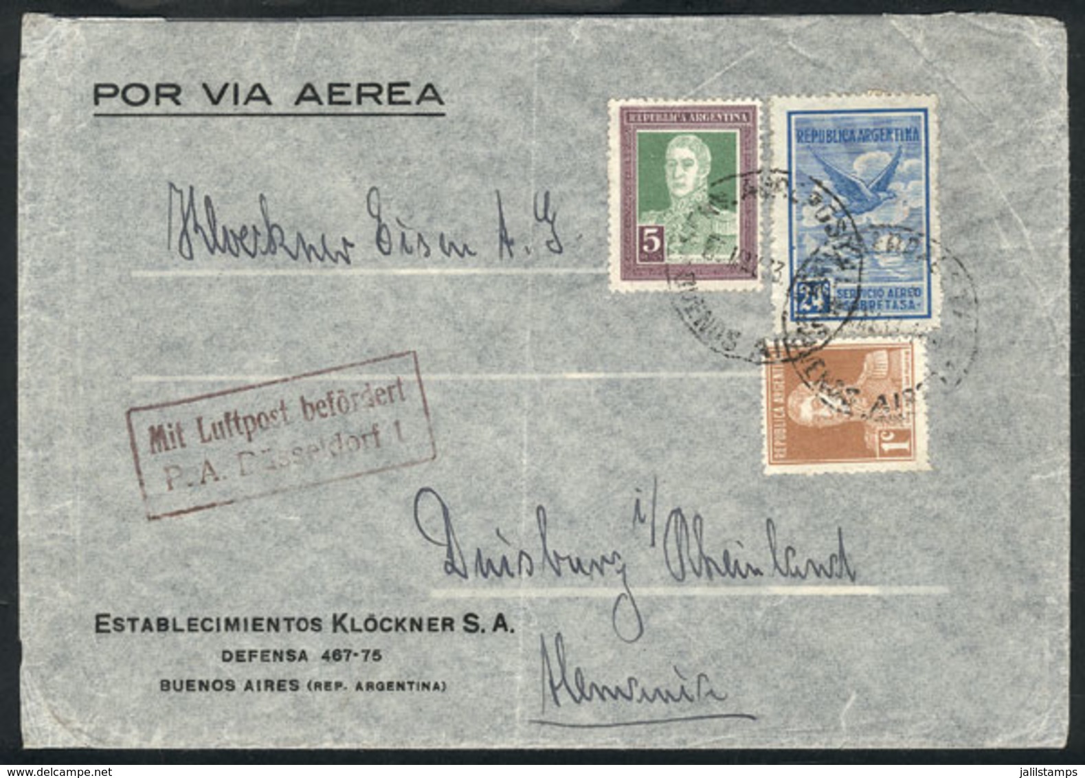 ARGENTINA: 5/MAY/1933 Buenos Aires - Germany: Airmail Cover Franked With 5P. San Martín + Other Values (total 5.25P.), V - Andere & Zonder Classificatie