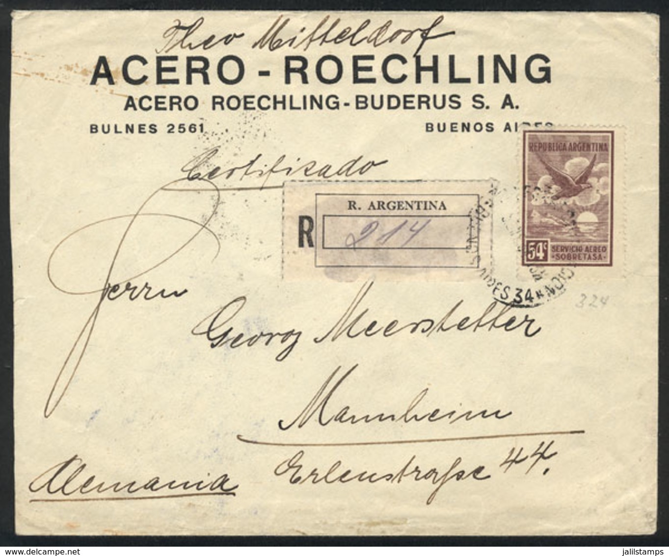 ARGENTINA: Registered Cover Sent To Germany On 5/FE/1934, Franked By GJ.647 ALONE (54c. First Airmail Issue), Sent By Gr - Sonstige & Ohne Zuordnung