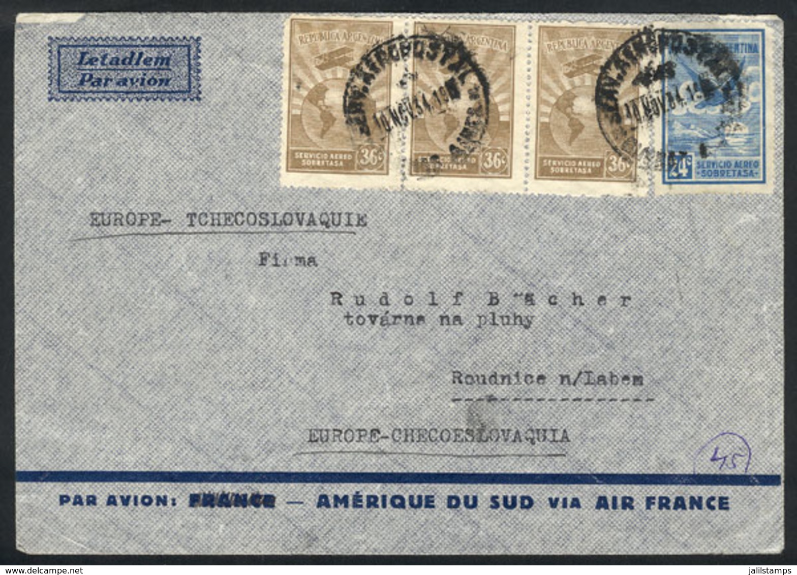 ARGENTINA: 10/NO/1934 Buenos Aires - Czechoslovakia: Airmail Cover (by Air France) Franked With 1.32P., Arrival Backstam - Autres & Non Classés