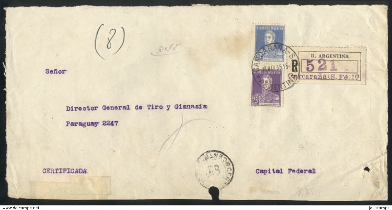 ARGENTINA: Front Of A Registered Cover Sent From CARCARANÁ (Santa Fe) To Buenos Aires On 13/MAR/1935 Franked With 45c.,  - Other & Unclassified