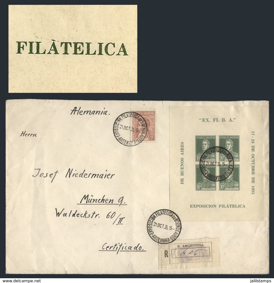 ARGENTINA: Registered Cover Franked With Souvenir Sheet 1a (EX.FI.B.A. Exposition With Variety: Accent Over First A Of F - Autres & Non Classés
