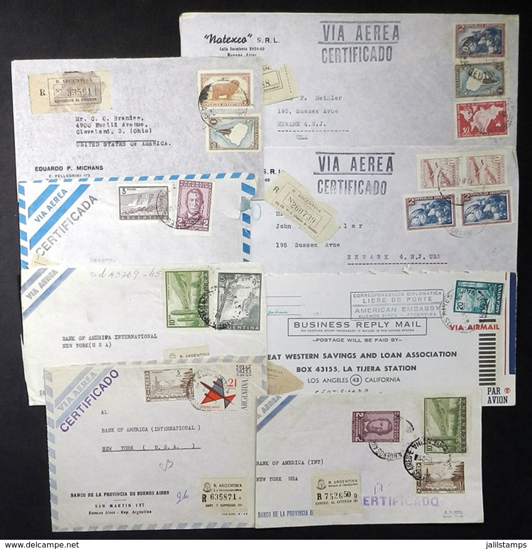ARGENTINA: 8 Registered Air Mail Covers Sent To USA Between 1947 And 1963, Nice And Interesting Postages! - Autres & Non Classés