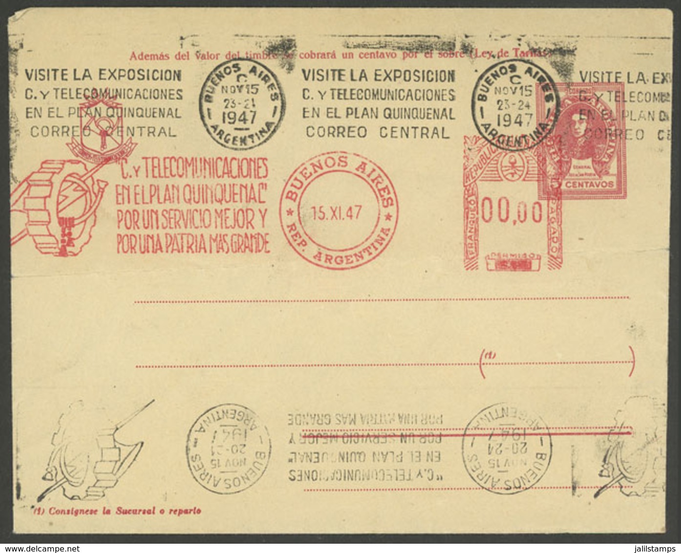 ARGENTINA: 5c. San Martin Stationery Envelope With PROOF Of Meter Franking C. Y TELECOMUNICACIONES EN EL PLAN QUINQUENAL - Sonstige & Ohne Zuordnung