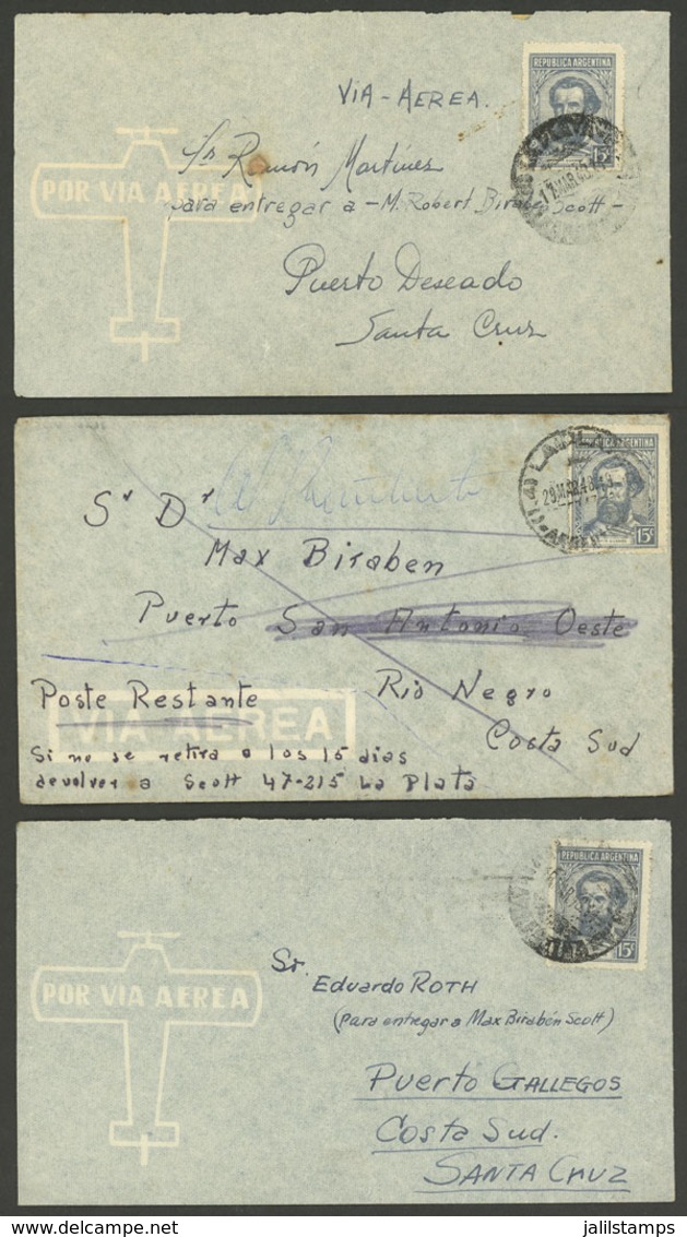 ARGENTINA: 3 Airmail Letters Sent From La Plata To Puerto Gallegos, Puerto Deseado And San Antonio Oeste In MAR/1948, Al - Autres & Non Classés