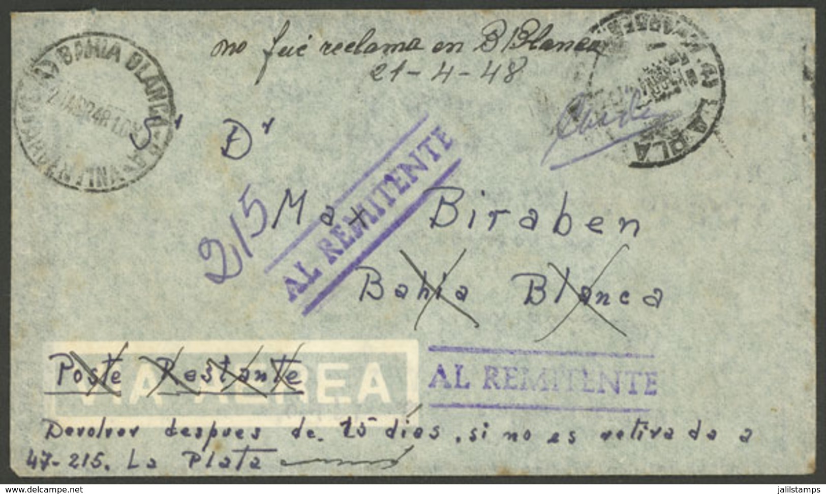 ARGENTINA: Cover Sent Without Postage And WITHOUT DUES From La Plata To Bahía Blanca (to Poste Restante) On 1/AP/1948, A - Other & Unclassified