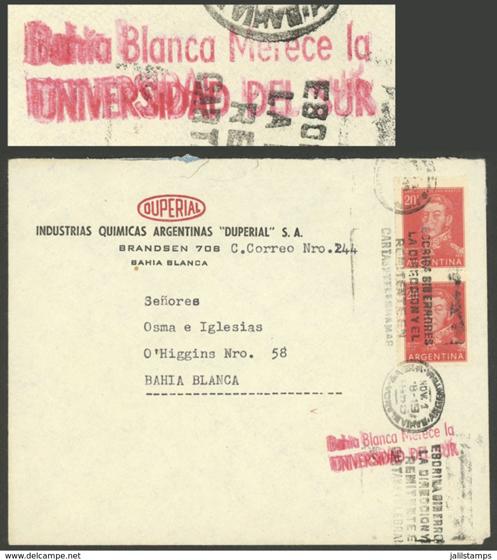 ARGENTINA: Topic UNIVERSITY: Cover Used In Bahia Blanca On 1/NO/1955 Franked With 40c., With Machine Cancel Along A Rose - Autres & Non Classés