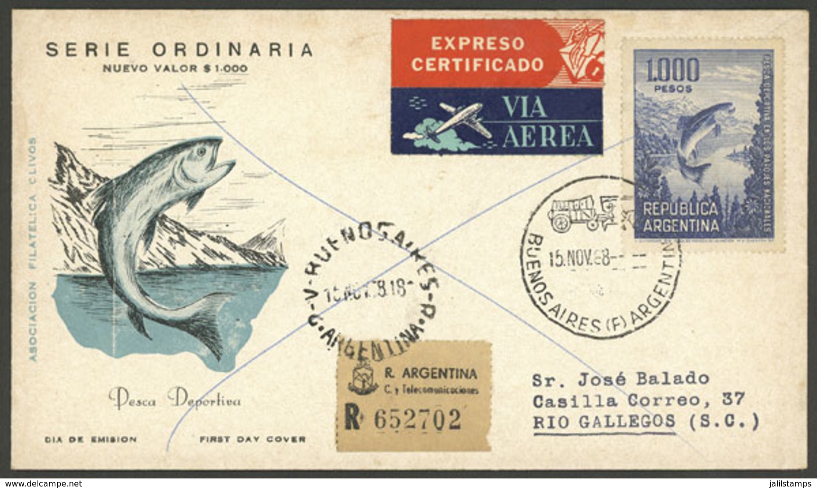 ARGENTINA: FDC Cover Of The Stamp GJ.1496 (1.000P. Fishing, Trout) Sent By Registered Airmail From Buenos Aires To Río G - Autres & Non Classés