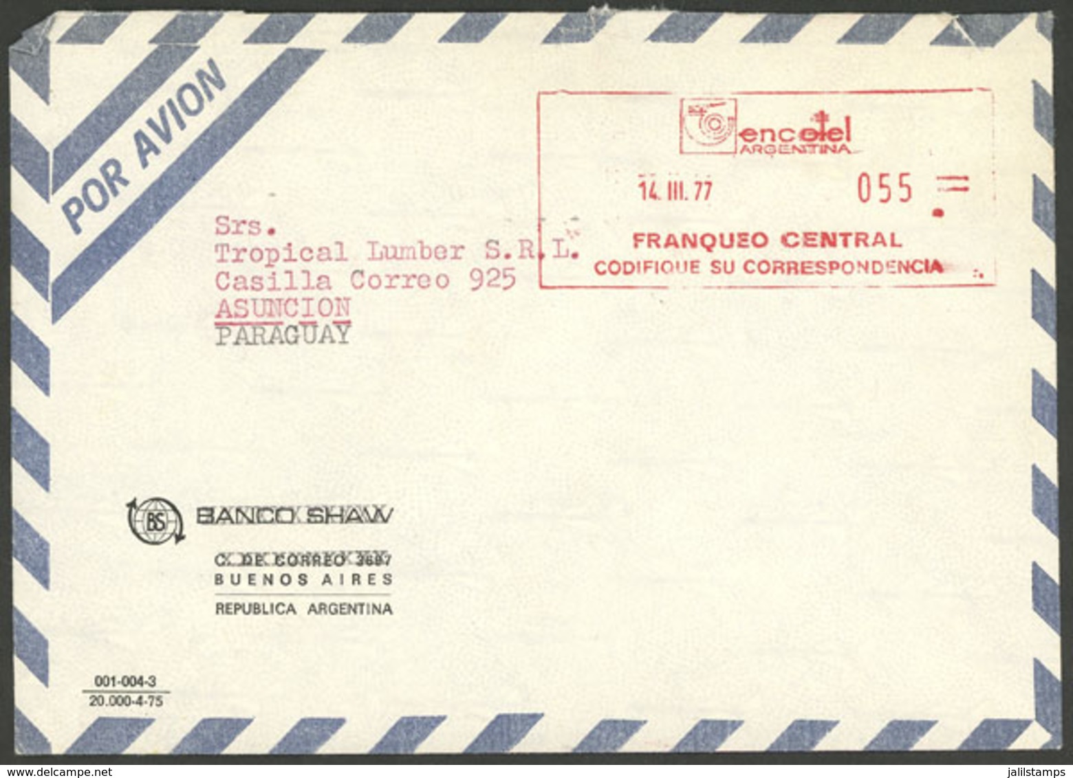 ARGENTINA: Airmail Cover Sent To Paraguay On 14/MAR/1977 With Interesting Meter Postage, Arrival Backstamp, VF Quality,  - Other & Unclassified