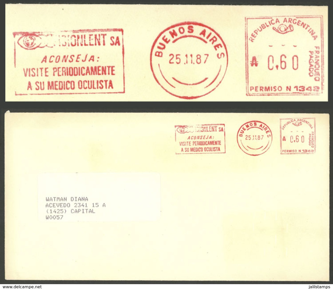 ARGENTINA: Topic MEDICINE, OPHTHALMOLOGY: Cover Used On 25/NO/1987 With Advertising Meter Postage: VISIONLENT SA Recomme - Other & Unclassified