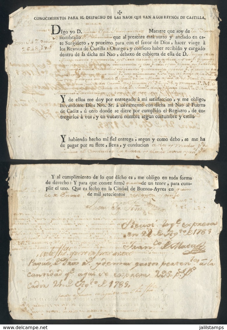 ARGENTINA: 15/JA/1785, Bill Of Lading For The Shipment Of 147 Doubloons Of 16 Ounces To Pay A Debt In Cádiz, Which Were  - Unclassified