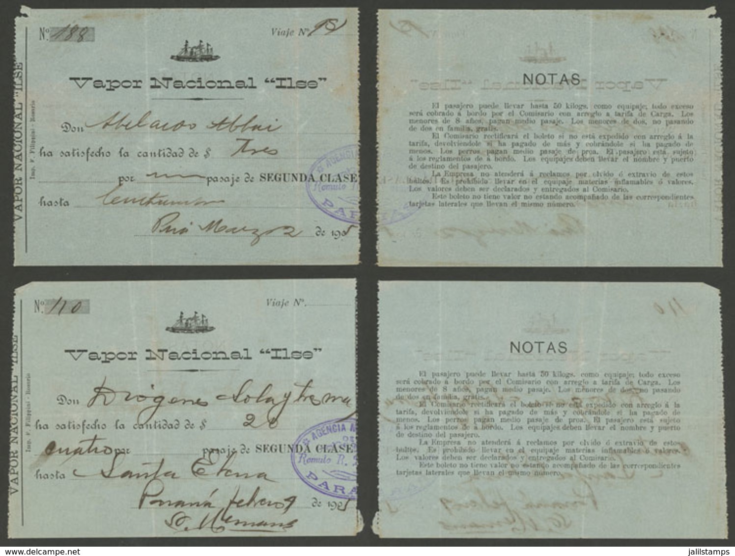 ARGENTINA: 2 Second-class Tickets For STEAMSHIP ILSE, Year 1905, Rare!" - Unclassified