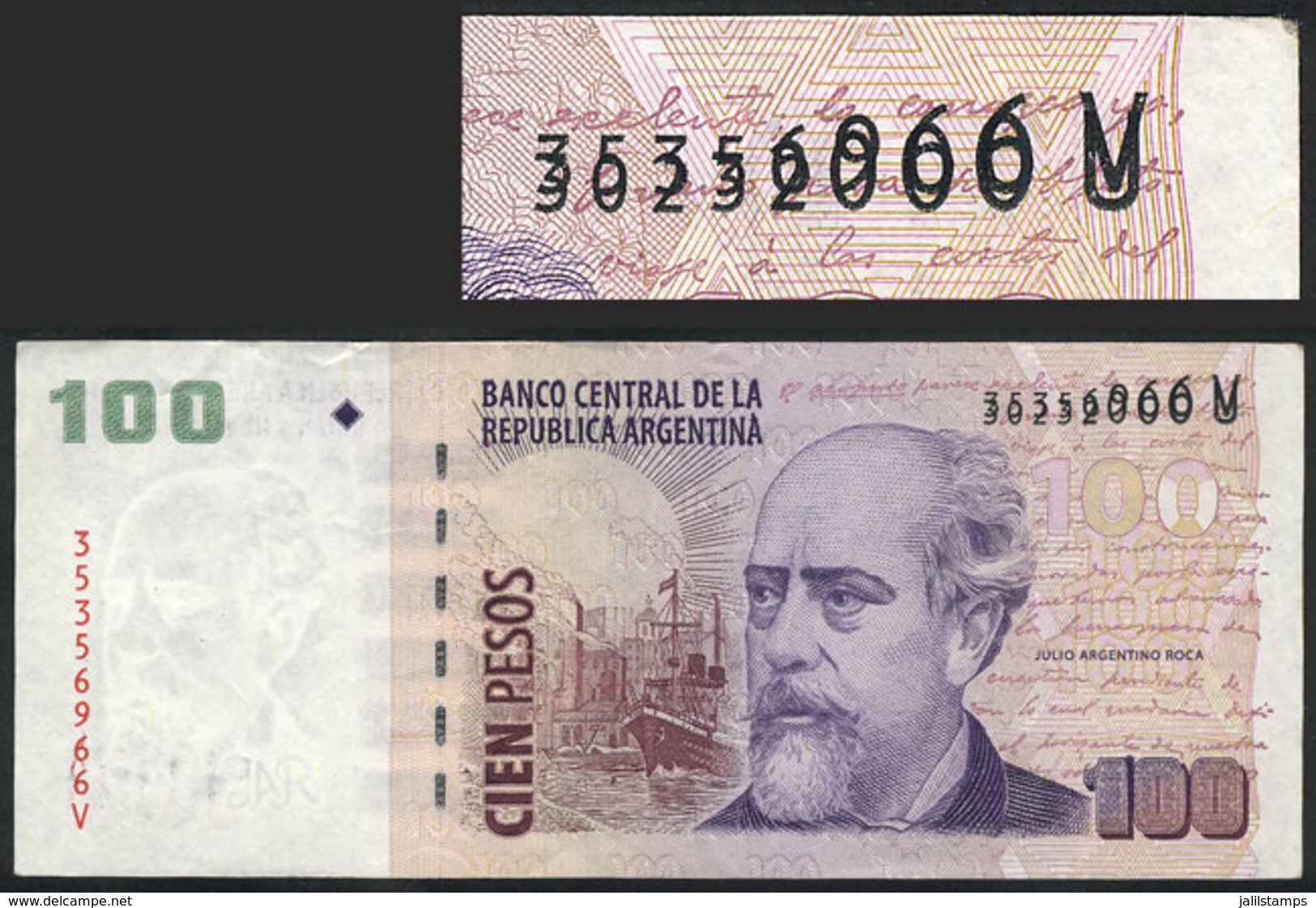 ARGENTINA: Banknote Of 100 Pesos With Very Rare Variety: DOUBLE NUMBERING (numbers 30232000U And 35356966V Overlapping A - Non Classés