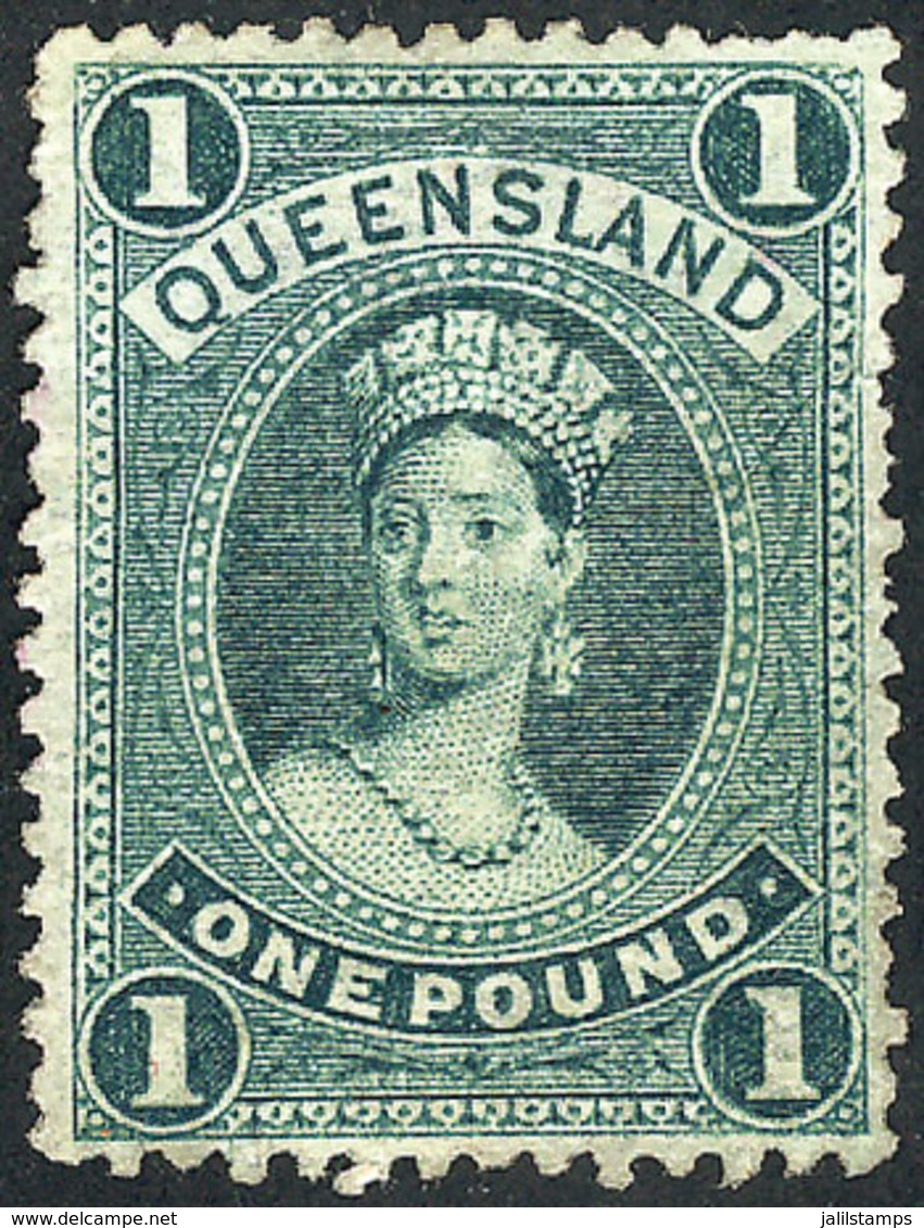 AUSTRALIA: Sc.78, 1882/5 1£ Dark Green, Mint No Gum, Fine Quality, Catalog Value US$650. - Mint Stamps