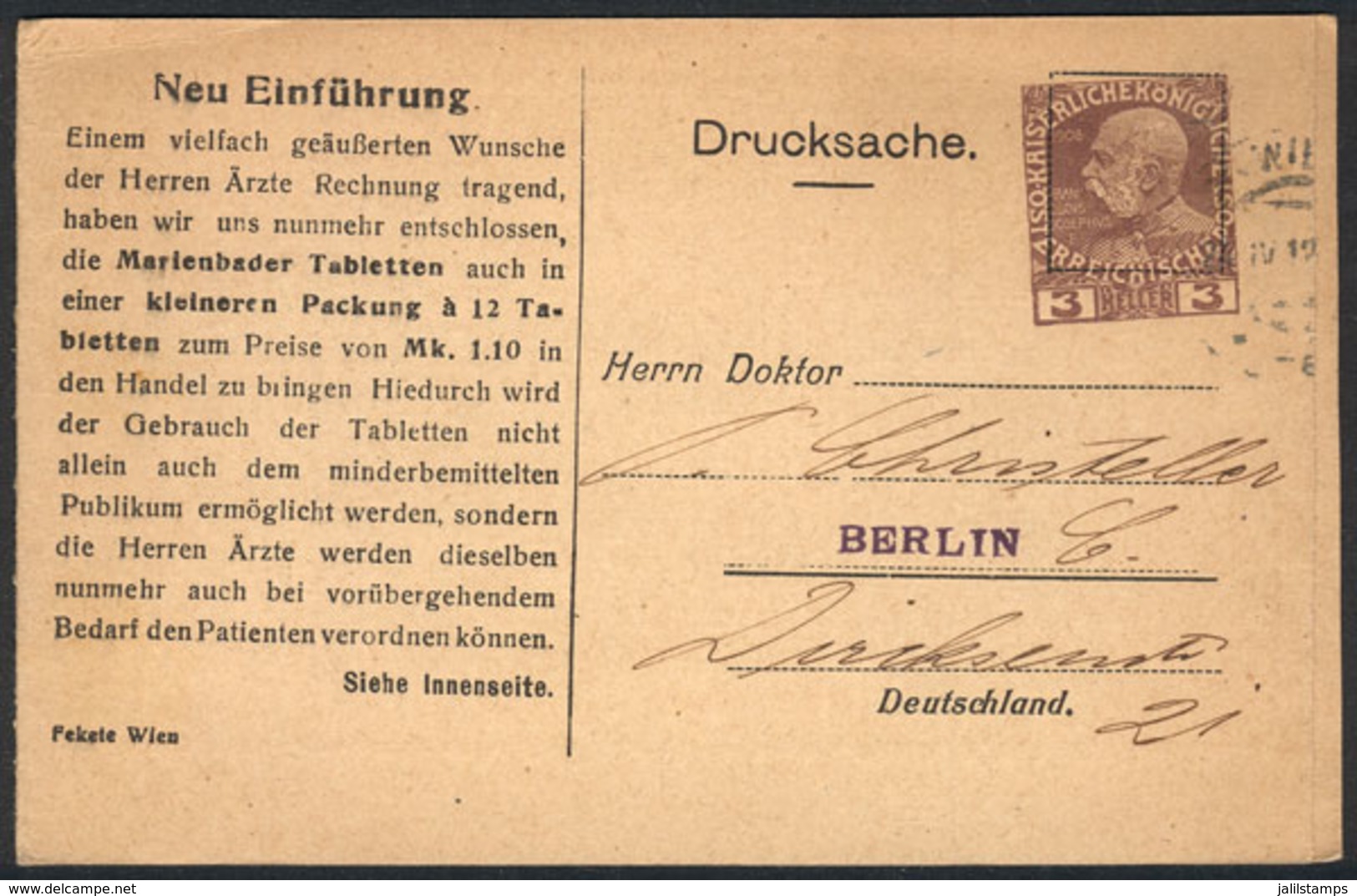 AUSTRIA: Private Postal Card Advertising The Marienbader Tabletten, With Imprinted 3H. Chestnut Stamp (printed Matter Ra - Autres & Non Classés