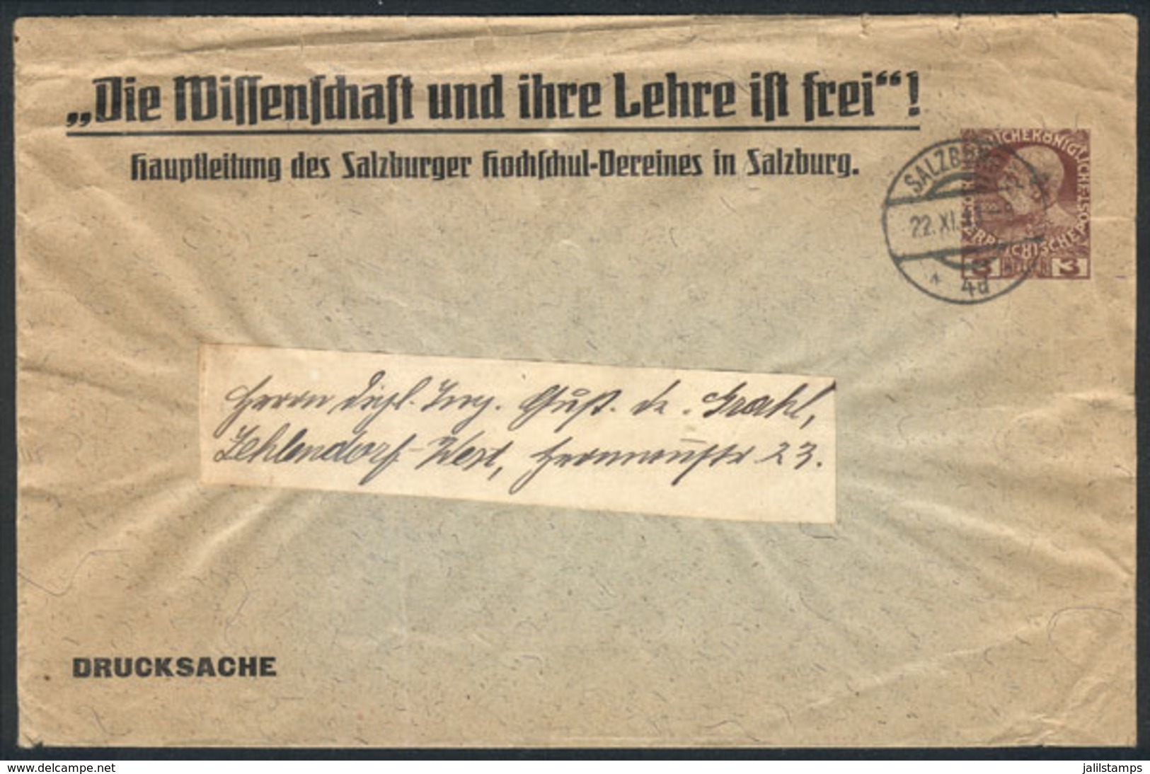 AUSTRIA: Cover For Printed Matter, With Printed Salzburger Hochschul-Vereines And Imprinted 1908 3H. Chestnut Stamp, Can - Other & Unclassified