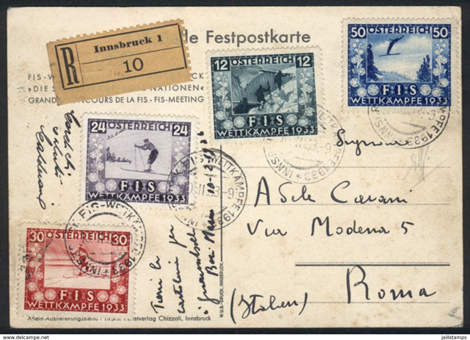 AUSTRIA: Special PC Franked By Yvert 426/9 (Congress Of The Intl. Ski Federation), Sent Registered To Roma, With Special - Andere & Zonder Classificatie
