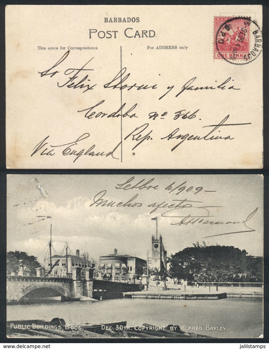 BARBADOS: PC With View Of Public Buildings, Barbados, Sent To Argentina On 9/SE/1904, Excellent Quality, Very Rare Desti - Barbades (...-1966)